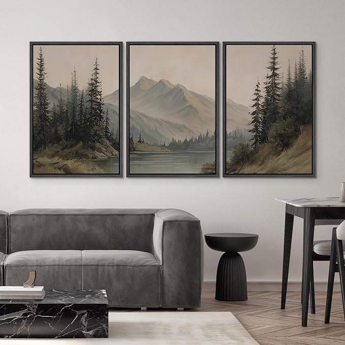 SIGNWIN Framed Canvas Print Wall Art Set Tranquil Pine Forest Mountain Lake Landscape Illustrations Modern Art Decorative Nordic Abstract for Living Room, Bedroom, Office - 16"x24"x3 Black