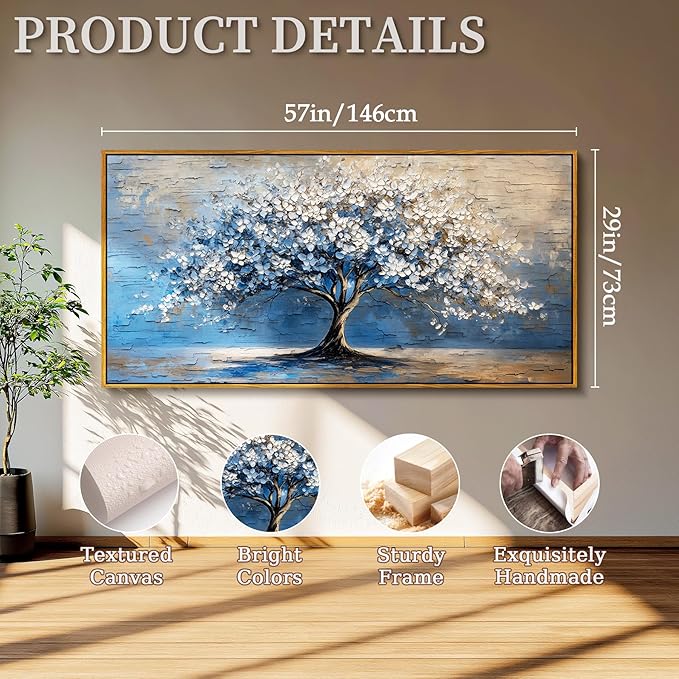 SERIMINO Tree of Life Wall Art, Framed Wall Art Large Artwork, Cherry Blossom Tree Abstract Paintings Prints, Nature Canvas Art Wall Decor, Blue Neutral Pictures for Living Room Bedroom Office 29"X57"