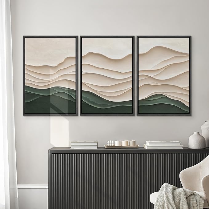 SIGNWIN Framed Canvas Print Wall Art Set Textured Paper Cut Landscape Beige and Green Minimalist Illustrations Modern Art Rustic Scenic Relax/Calm for Living Room, Bedroom, Office - 16"x24"x3 Black