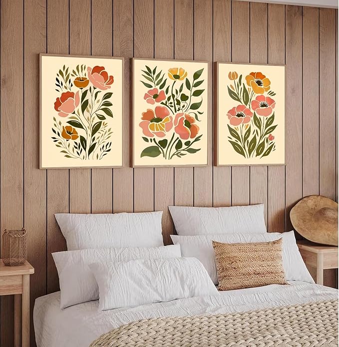 SFXYRTAH 3Pcs Boho Floral Canvas Wall Art Abstract Botanical Flower Prints Minimalist Plant Posters Printing Artwork for Living Room Bedroom Office Home Decor Unframed (12x16in posters)