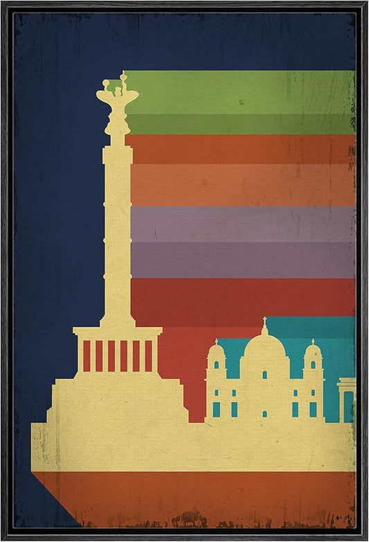 IDEA4WALL Framed Canvas Print Wall Art Retro Vintage Berlin Germany Poster Cultural Building Illustrations Modern Art Contemporary Scenic Warm for Living Room, Bedroom, Office - 16"x24" BLACK