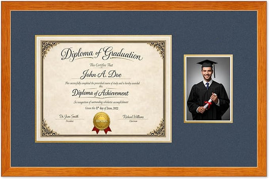 Diploma Frame With Photo Opening Honey Oak Navy Blue Over Gold Mat - Fits 14 x 11 Degree and Picture Made in the USA