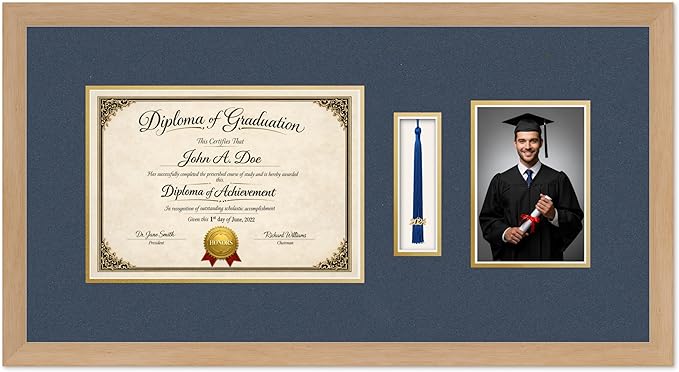 Diploma Tassel and Photo Frame Natural Wood Shadowbox Navy Blue Over Gold Mat - Fits 11.69 x 8.27 Degree Picture Made in the USA