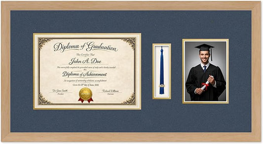 Diploma Tassel and Photo Frame Natural Wood Shadowbox Navy Blue Over Gold Mat - Fits 11.69 x 8.27 Degree Picture Made in the USA