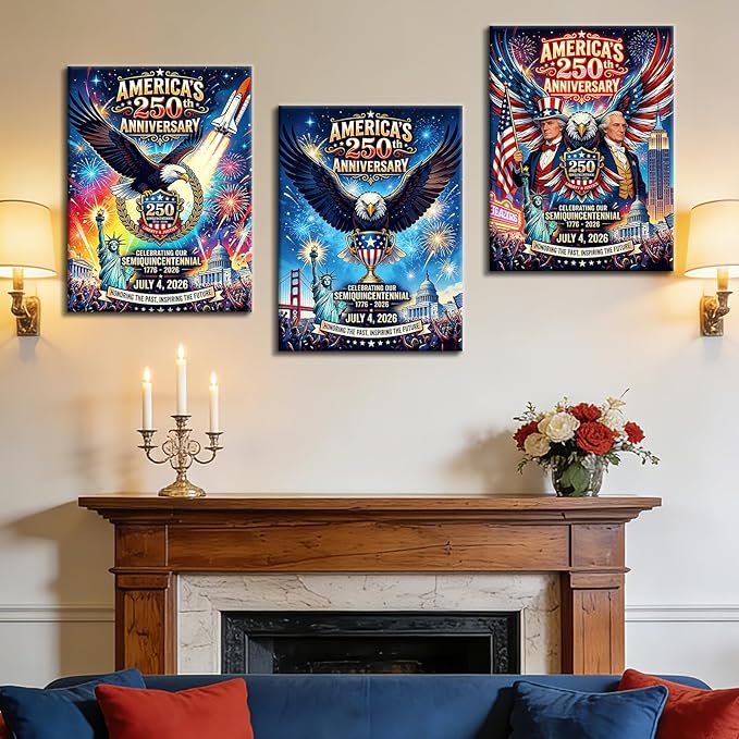 DINGFUN America's 250th Anniversary Wall Art 3 Piece Canvas Set, USA Semiquincentennial Patriotic Decor, 1776-2026 Independence Day Framed Poster for Office and Living Room, 36x16 Inch