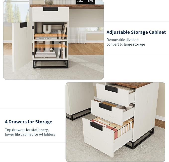 Garvee 59 in Farmhouse Executive Desk, Home Office Desk with File Drawer and Storage Cabinet, Wooden Computer Table with 3 Drawers for Work and Study ，White+Vintage/Black