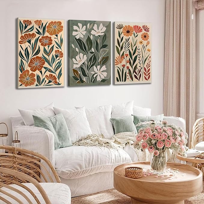 3pcs Abstract Boho Floral Canvas Wall Art Green Beige Flower Market Posters Prints Minimalist Colorful Botanical Wall Decor Pictures For Living Room Bedroom Office Home Decoration