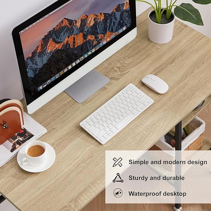 VECELO 43 Inch Computer Desk Writing Study Work Office Table Modern Desk with Shelves Wooden Desk for Home Bedroom,Oak Desk