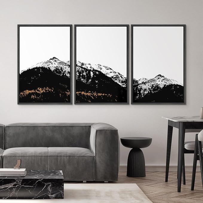 SIGNWIN 3 Piece Framed Canvas Wall Art Black and White Mountain Tops Photo Nature Wilderness Illustrations Abstract Traditional Home Artwork Decoration for Living Room,Bedroom - 24"x36"x3 Black