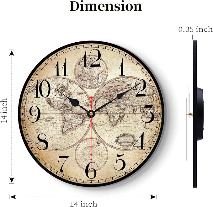 14 Inch Wooden Wall Clock Globe World Map Retro Vintage Rustic Wall Clocks Silent Non Ticking Clock Decorative for Kitchen Farmhouse Hotel