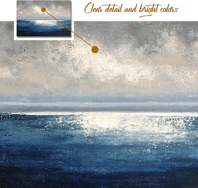 gaosoul Modern Blue Abstract Canvas Wall Art Hand Painted Oil Seascape Prints with Gradient Ocean Blues Misty Gray Sky Gallery Wrapped Wall Decor for Living Room Bedroom Office Framed 48x32in