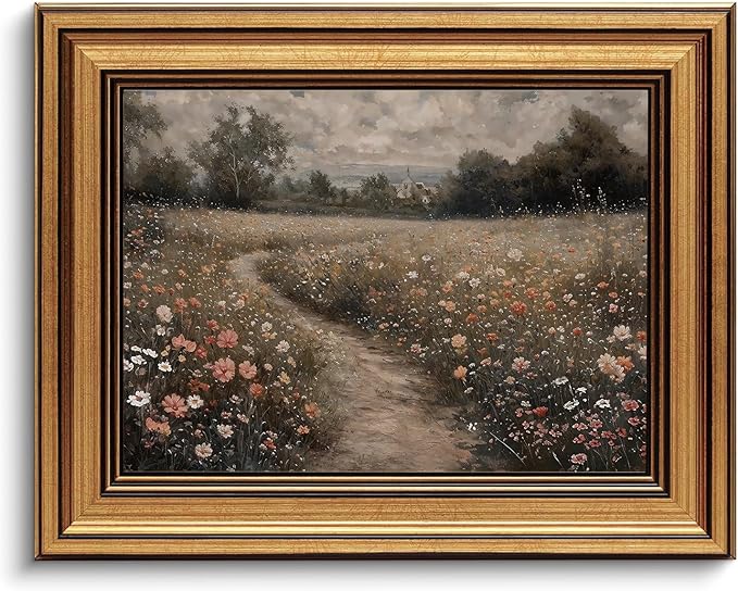 Gold Framed Wall Art Vintage Canvas Wall Art Flowers Path Wildflower Floral Artwork Prints Picture for Living Room Bedroom Farmhouse Bathroom Office Decor, 8x10
