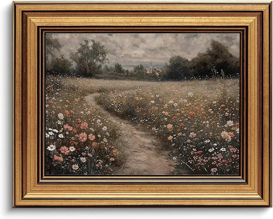 Gold Framed Wall Art Vintage Canvas Wall Art Flowers Path Wildflower Floral Artwork Prints Picture for Living Room Bedroom Farmhouse Bathroom Office Decor, 8x10