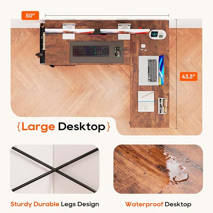 FDW 50 Inch L-Shaped Desk,Gaming Desk Computer Desk with Side Storage Bag & CPU Stand,Corner Desk for Home Office,Bedroom,Writing & Gaming,Brown