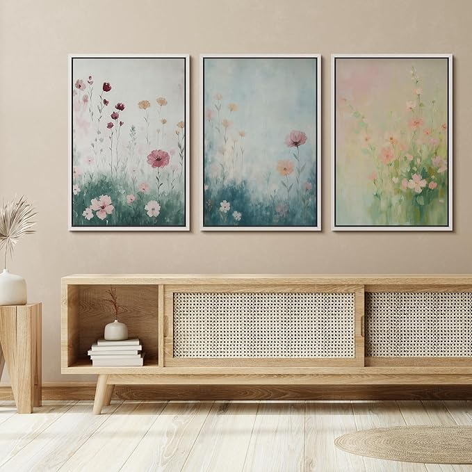 SIGNFORD Framed Wall Art Print Set Pastel Wildflower Meadow Soft Botanical Digital Art Modern Art Contemporary for Living Room, Bedroom, Office - 16"x24"x3 WHITE