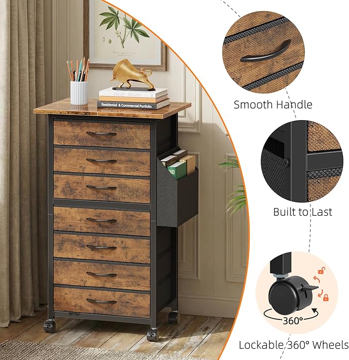 7 Fabric Drawers File Cabinet with Side Pocket, Rolling Printer Stand with Storage for Home Office, Wood Top Storage Cabinet for Documents and Crafts, Rustic Brown, 15" D