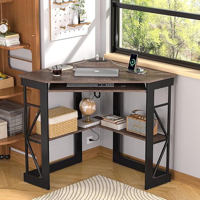 VECELO Corner Desk Computer Desk 41'x30'with Charging Station & Keyboard Tray & Storage Shelves for Small Space,Triangle Table for Home Office Bedroom,Rustic Natural Brown