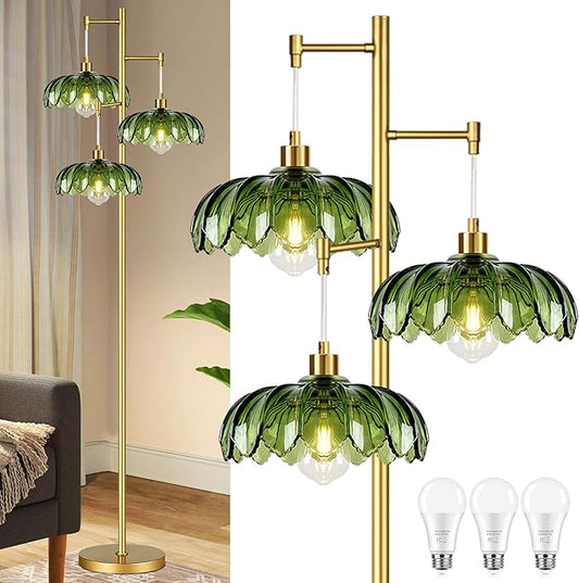 Gold Floor Lamps for Living Room Bedroom-3 Light Glass Floor Lamp with Three Led Bulb,Mid Century Standing Lamp Vintage Brass Tall Lamp Tree Floor Lamp for Bedroom Corner