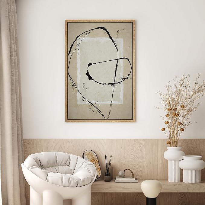 SIGNWIN Framed Canvas Print Wall Art Geometric Black Paint Stroke Square Abstract Shape Illustrations Minimalism Decorative Multicolor Retro for Living Room, Bedroom, Office - 16"x24" Natural
