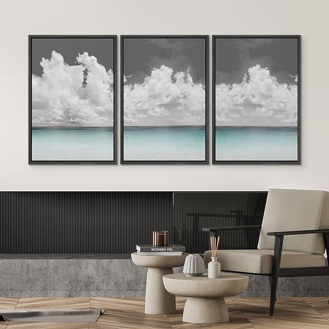 SIGNWIN 3 Piece Framed Canvas Wall Art Clouds Above The Blue Ocean Nature Wilderness Illustrations Abstract Traditional Relax/Calm Home Artwork Decoration for Living Room,Bedroom - 24"x36"x3 Black