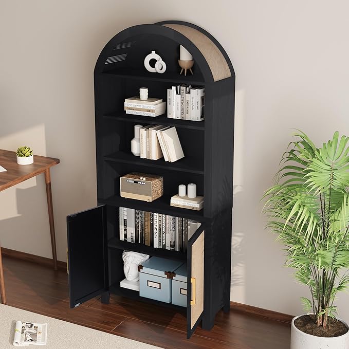 71" Tall Arched Bookcase with Storage, Mid-Century Modern 6-Tier Arch Cabinet with Door, Arched Bookshelf Cabinet with Open Display Storage Shelf for Office Living Room (Black)