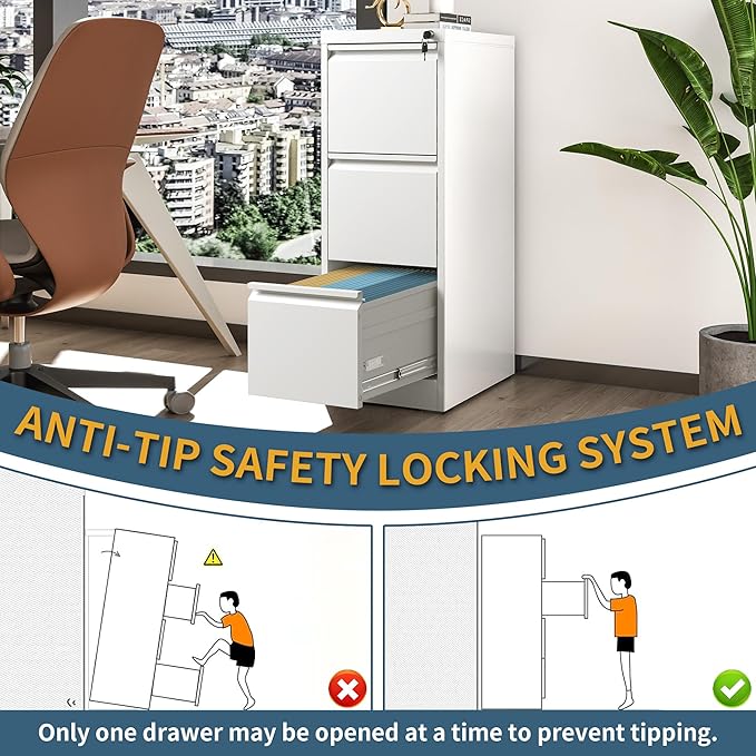 3 Drawer File Cabinet with Lock, Vertical Filing Cabinets for Home Office, Metal Storage Cabinets, Heavy Duty File Cabinet for Letter/Legal/A4/F4 Size Amsseble Required, White