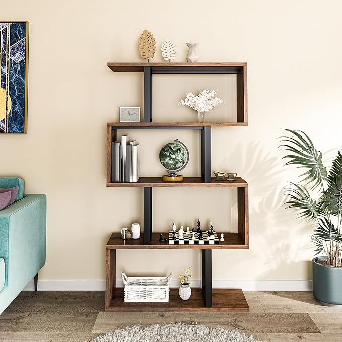 YITAHOME 5-Tier Bookshelf, S-Shaped Z-Shelf Bookshelves and Bookcase, Industrial Freestanding Multifunctional Decorative Storage Shelving for Living Room Home Office, Retro Brown