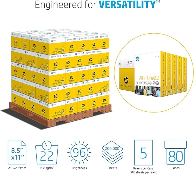 HP Papers Printer Paper 8.5 x 11 Paper All-In-One 22lb 5 ream 80 Case Pallet - 200,000 Sheets 96 Bright Made in USA - FSC Certified 207000P