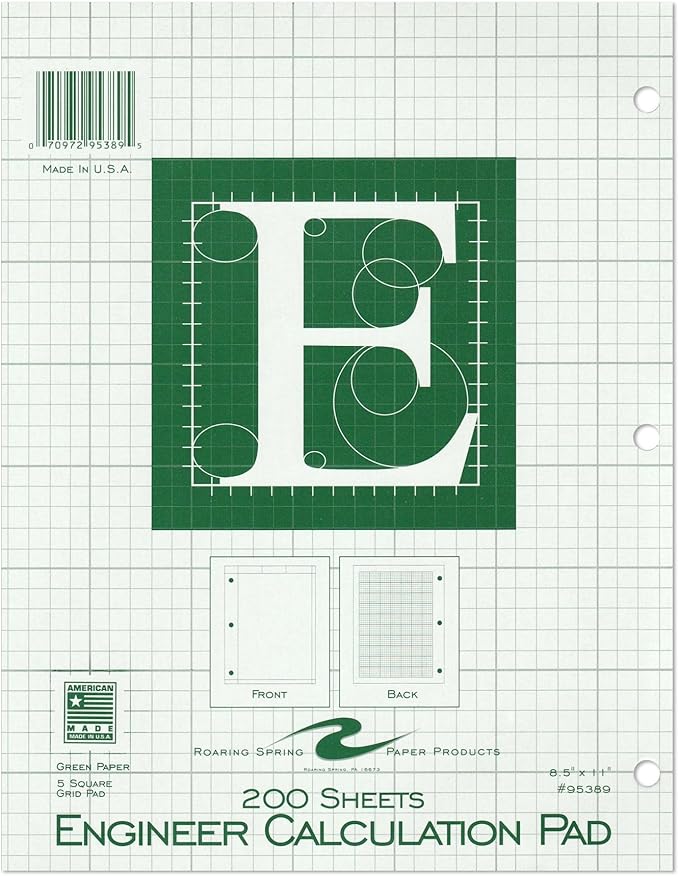 ROARING SPRING Engineering Pad, 8.5" x 11", 200 Sheets 15lb Green Paper, 5x5 Printed Back Enclosed Grid, Top Glued, 3-Hole Punched, Proudly Made in USA, Heavy Backing Board