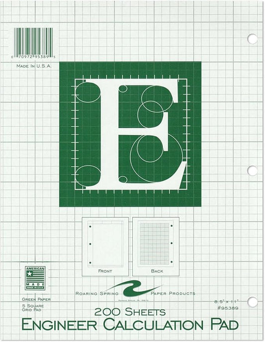 ROARING SPRING Engineering Pad, 8.5" x 11", 200 Sheets 15lb Green Paper, 5x5 Printed Back Enclosed Grid, Top Glued, 3-Hole Punched, Proudly Made in USA, Heavy Backing Board