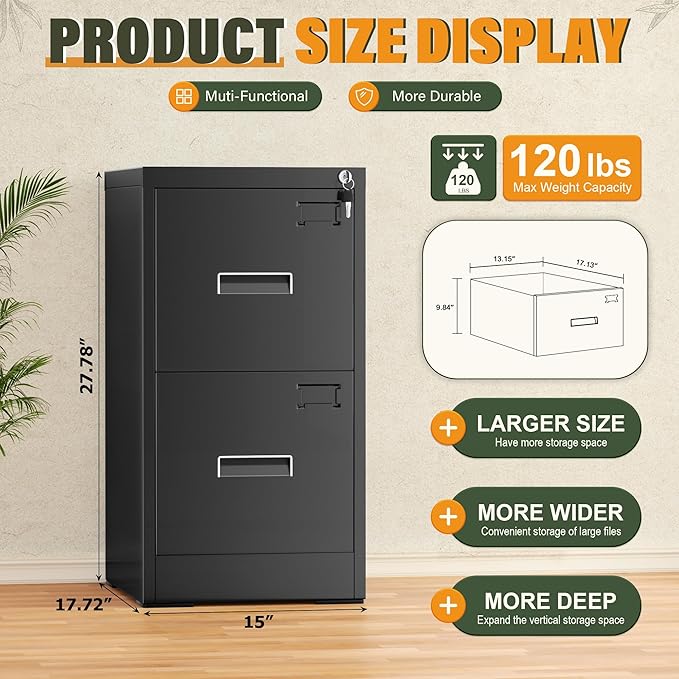 Greenvelly 2 Drawer File Cabinet with Lock, Lockable Vertical File Cabinets for Home Office, Black Metal Filing Cabinet for A4/Letter/Legal Size File, Easy Assemble