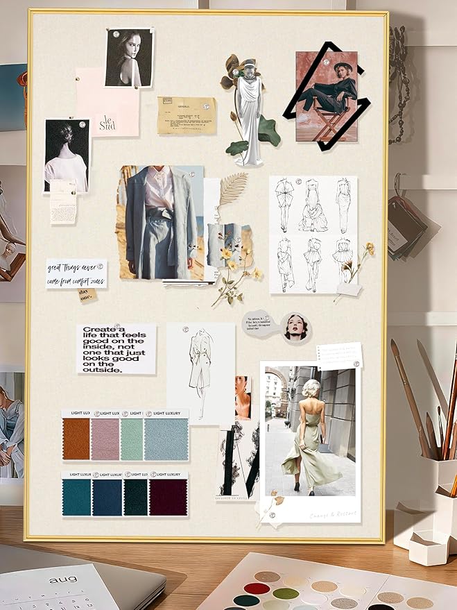 Bulletin Board 40 x 30 inches, Oatmeal White Pin Board, Golden Aluminum Framed Fabric Cork Board with 10 Push Pins