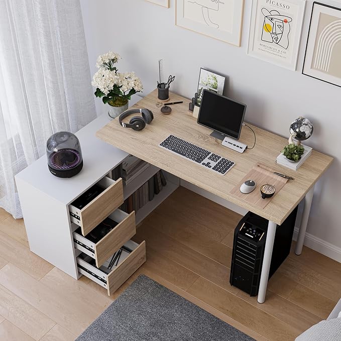 L Shape Computer Desk with 3 Drawers and 2 Shelves, Home Office Desk Corner Small Desk with Storage Cabinet for Writing Study Executive – Walnut and White
