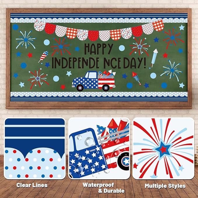 JarThenaAMCS 74Pcs Happy Independence Day Bulletin Board Kit Patriotic Red Blue Star Paper Cutouts with 100Pcs Glue Points 4th of July DIY Craft Art Decor for 250th Anniversary School Home Party
