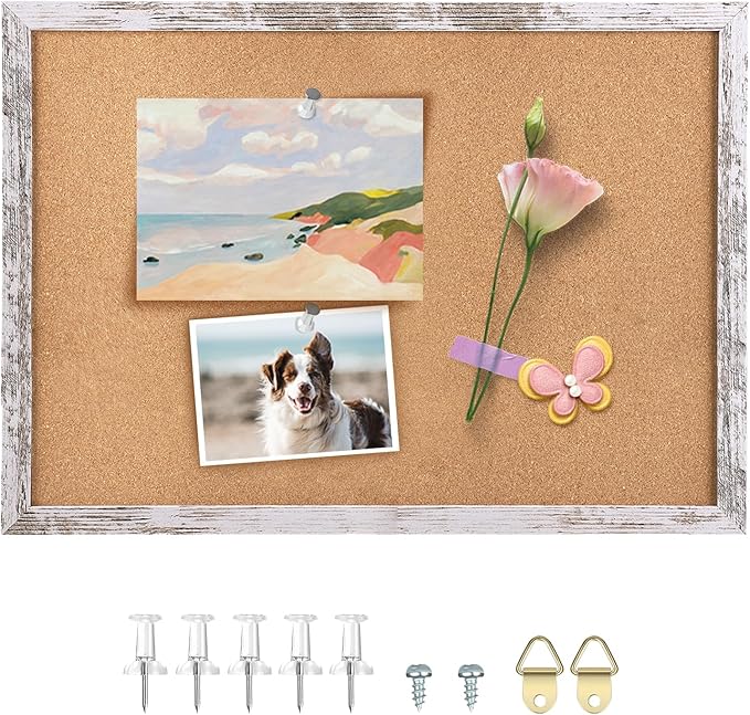 Cork Board Bulletin Board, 17x13 inches Decorative Hanging Framed Cork Boards for Walls, Pin Board Vision Board for School Home Office, Bulletin Board with White Wood Frame (4333,WH,1pc)