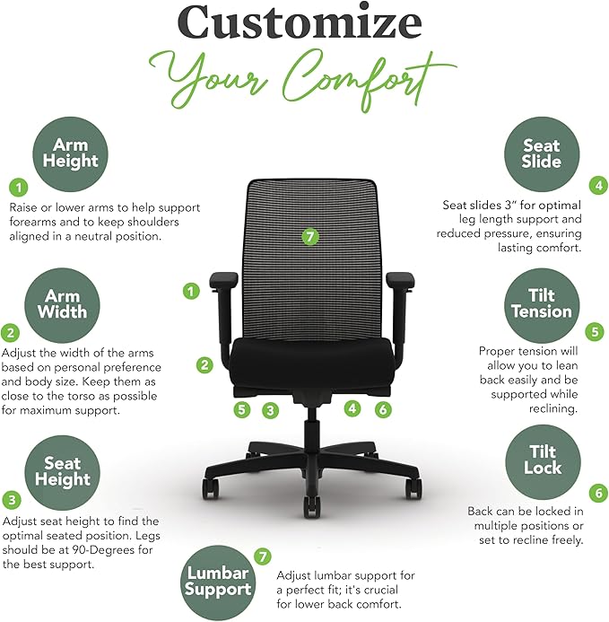 HON Ignition 2.0 Low Back Task Chair, Spectrum Mesh, Advanced Synchro-Tilt Control, Office Chair with Lumbar Support, Height and Width Adjustable Arms, Black Frame, Leaf