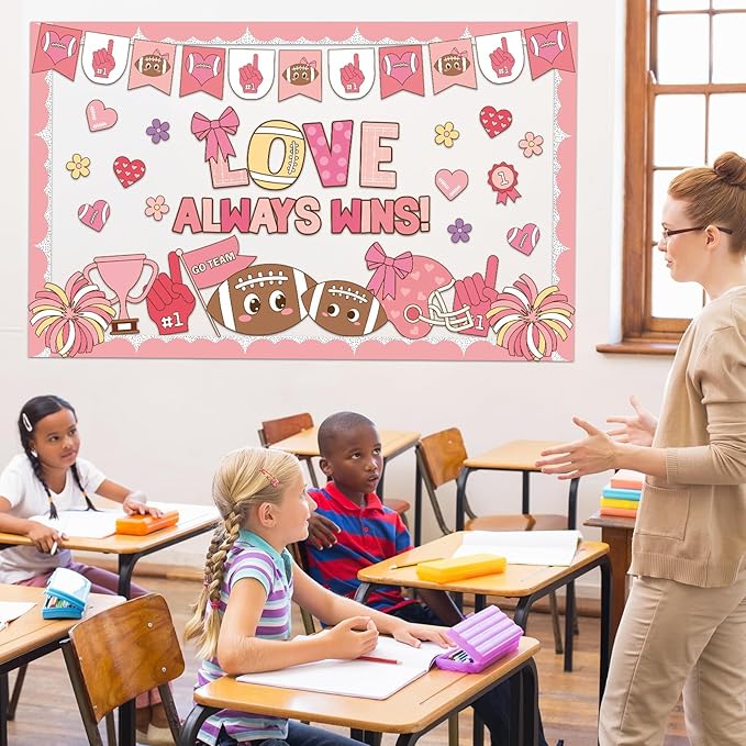 Valentine's Day Football Bulletin Board Valentine's Day Classroom Bulletin Board Pink Red Football Paper Cutouts Love Always Wins Classroom Decoration for School Home Office Chalkboard Wall Decor