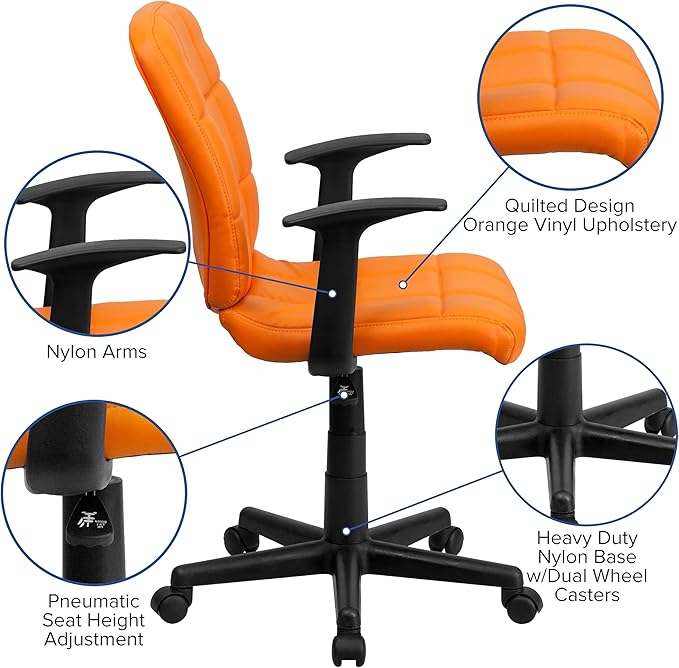 Flash Furniture Clayton Mid-Back Orange Quilted Vinyl Swivel Task Office Chair with Arms