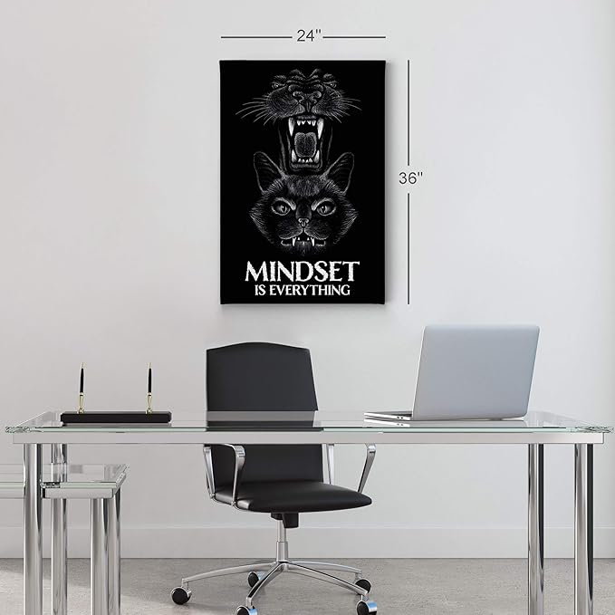 Smile Art Design Mindset is Everything Cat and Lion Sketch Motivational Wall Art Canvas Print Inspirational Entrepreneur Quote Canvas Print Modern Office Living Room Decor Gift Ready to Hang 28x19