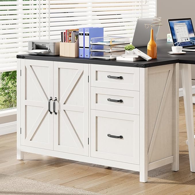 3 Drawer File Cabinet, Farmhouse Lateral Filing Cabinet with Doors for Letter/A4 Size Hanging Files, Large Wood Storage Cabinets Printer Stand with Adjustable Shelf for Home Office, White and Black