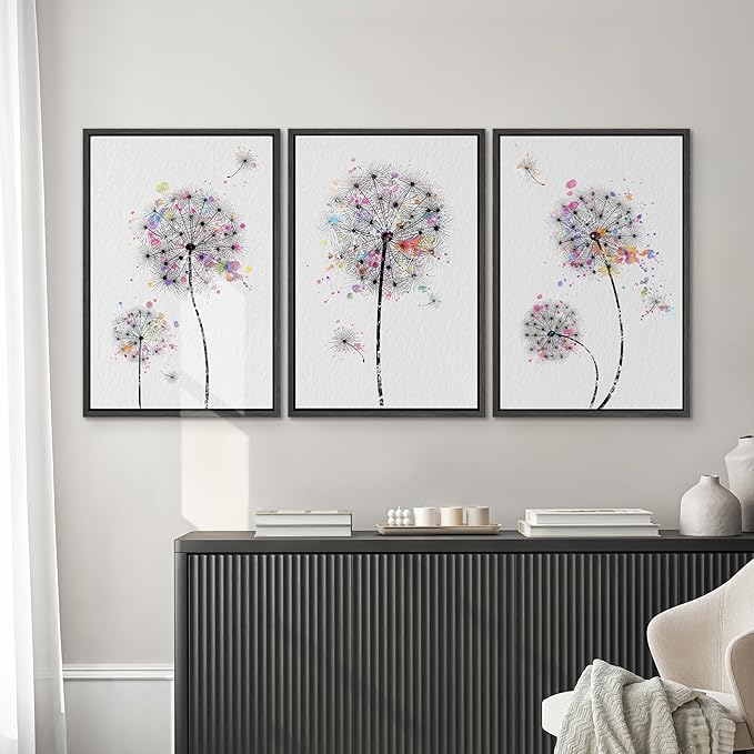 SIGNWIN Framed Canvas Print Wall Art Dandelions & Watercolor Dots Floral Wilderness Drawings Modern Art Rustic Closeup Multicolor Ultra for Living Room, Bedroom, Office - 16"x24"x3 Black