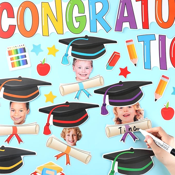 gisgfim Graduation Bulletin Board Decorations Set Congratulations Grad Paper Cutouts Graduation Cap DIY Photo Crafts Bulletin Board Decor for Class of 2026 School Classroom Blackboard Chalkboard Wall