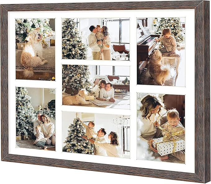 Golden State Art, Set of 3, 13.7x15.7 Distressed Brown Wood Collage Frame - White Mat - Displays Seven 4x6 Photos - Real Glass, Sawtooth Hanger, Swivel Tabs - Wall Mounting, Landscape, Portrait