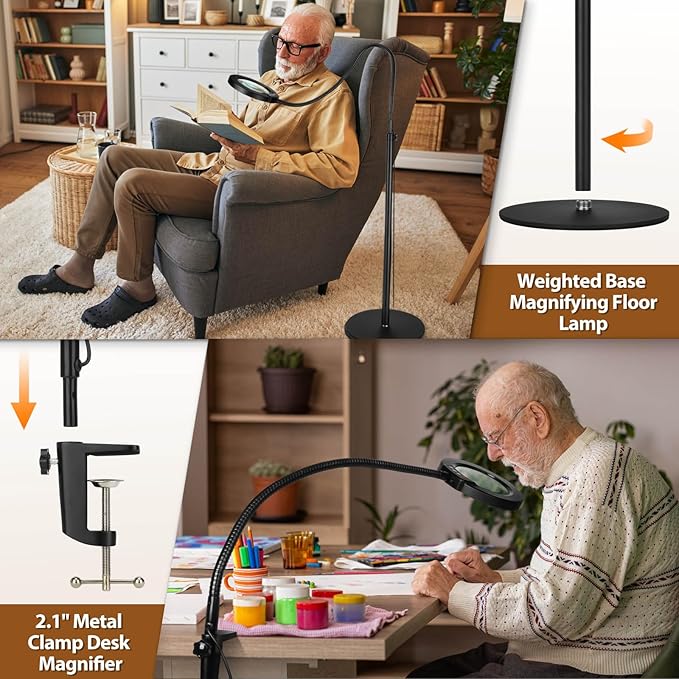 10X Magnifying Glass with Light and Stand, 24" Flexible Gooseneck Magnifying Floor Lamp, 3-in-1 LED 5 Color Modes Stepless Dimmable Lighted Magnifier Hands Free for Close Work, Hobby, Reading
