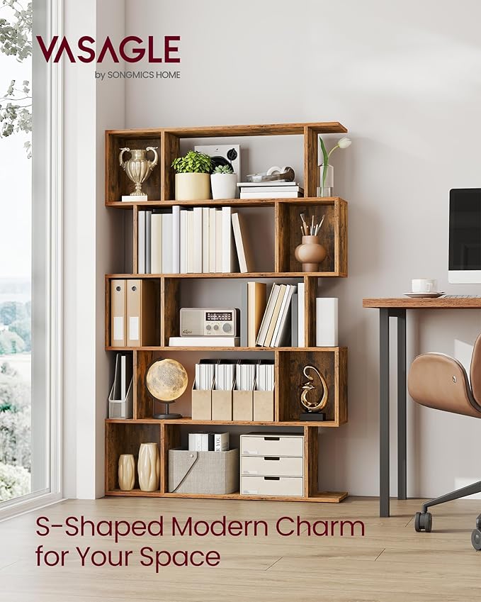 VASAGLE Bookshelf, 5-Tier Bookcase, 9.4 x 35.4 x 62.6 Inches, Storage Shelf with Open Compartments, Modern Style, for Living Room, Bedroom, Office, Rustic Brown ULBC416K01