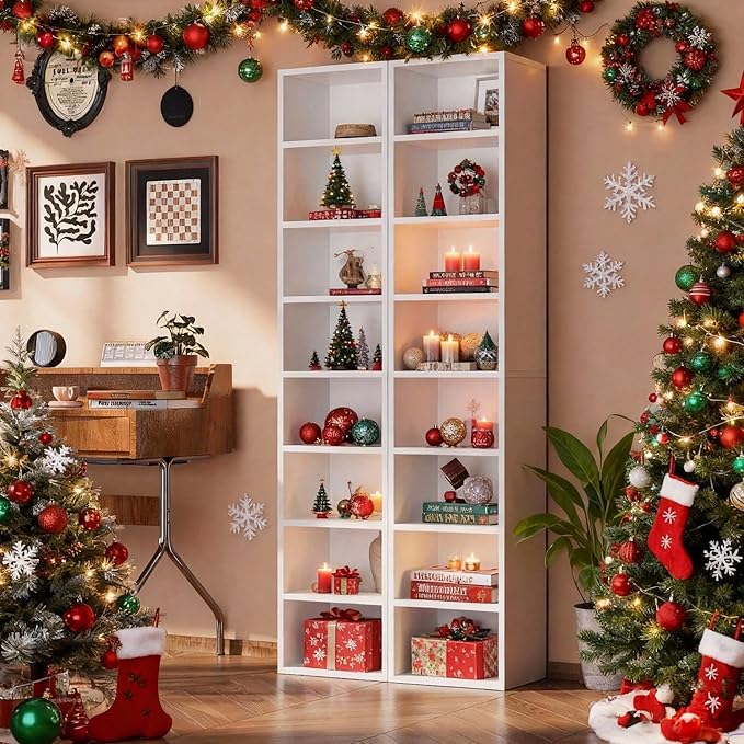Narrow Bookshelf & Bookcase Set of 2, 8-Tier Floor Standing Open Book Shelf, Modern Corner Bookshelf with Storage Space, 71.5" Tall Bookshelves for Bedroom, Living Room and Office, White