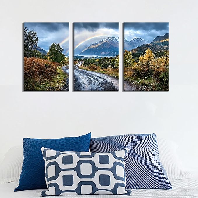 Winter Rainbow Canvas Wall Art Home Decor Landscape Poster Print Countryside Road Picture Painting Artwork for Bedroom Kitchen Office Farmhouse Wall Decoration Stretched and Framed [48''Wx24''H]