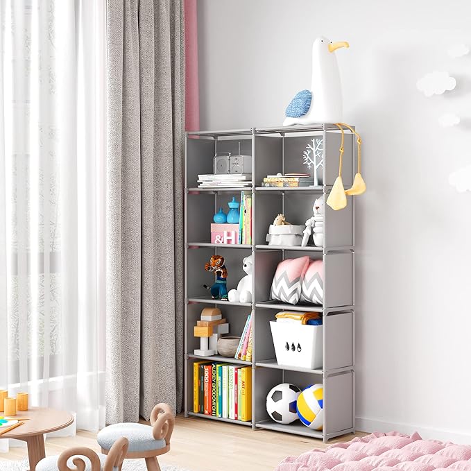MOYIPIN Bookshelves, Assembled Storage Rack, Bedroom Living Room Vertical Cabinet Bookshelf, Double Row 10-Grid Multi-Functional Storage Equipment (Grey)