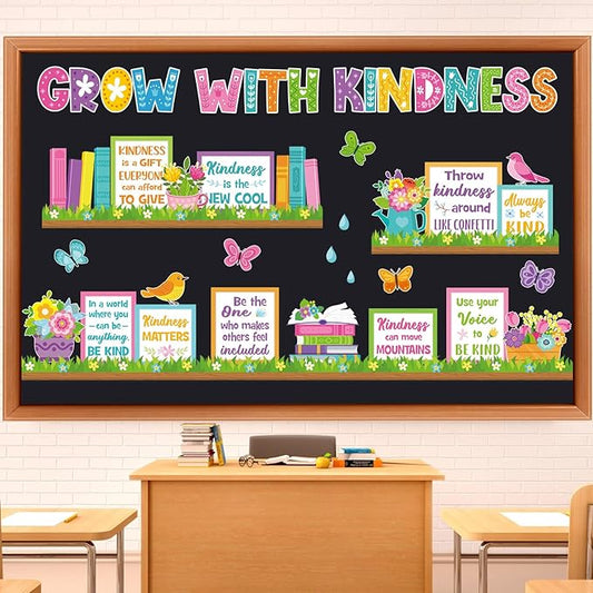 Qilery Grow with Kindness Bulletin Board Set Spring Classroom Decorations - Motivational Reading Posters for Teachers Elementary School Library Wall Decor Flower Book Cutouts for Kindness Week Display