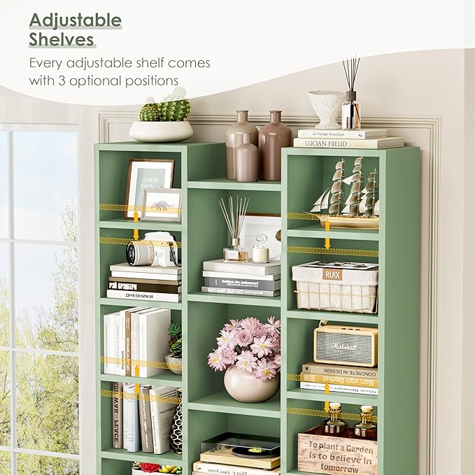 FOTOSOK 71'' Tall Bookshelf with 21 Cubes, 8 Tier Triple Wide Bookshelf with 8 Adjustable Shelves, 35" Large Bookcase DVD/CD Media Tower Storage, Freestanding Display Shelf Cabinet, Green